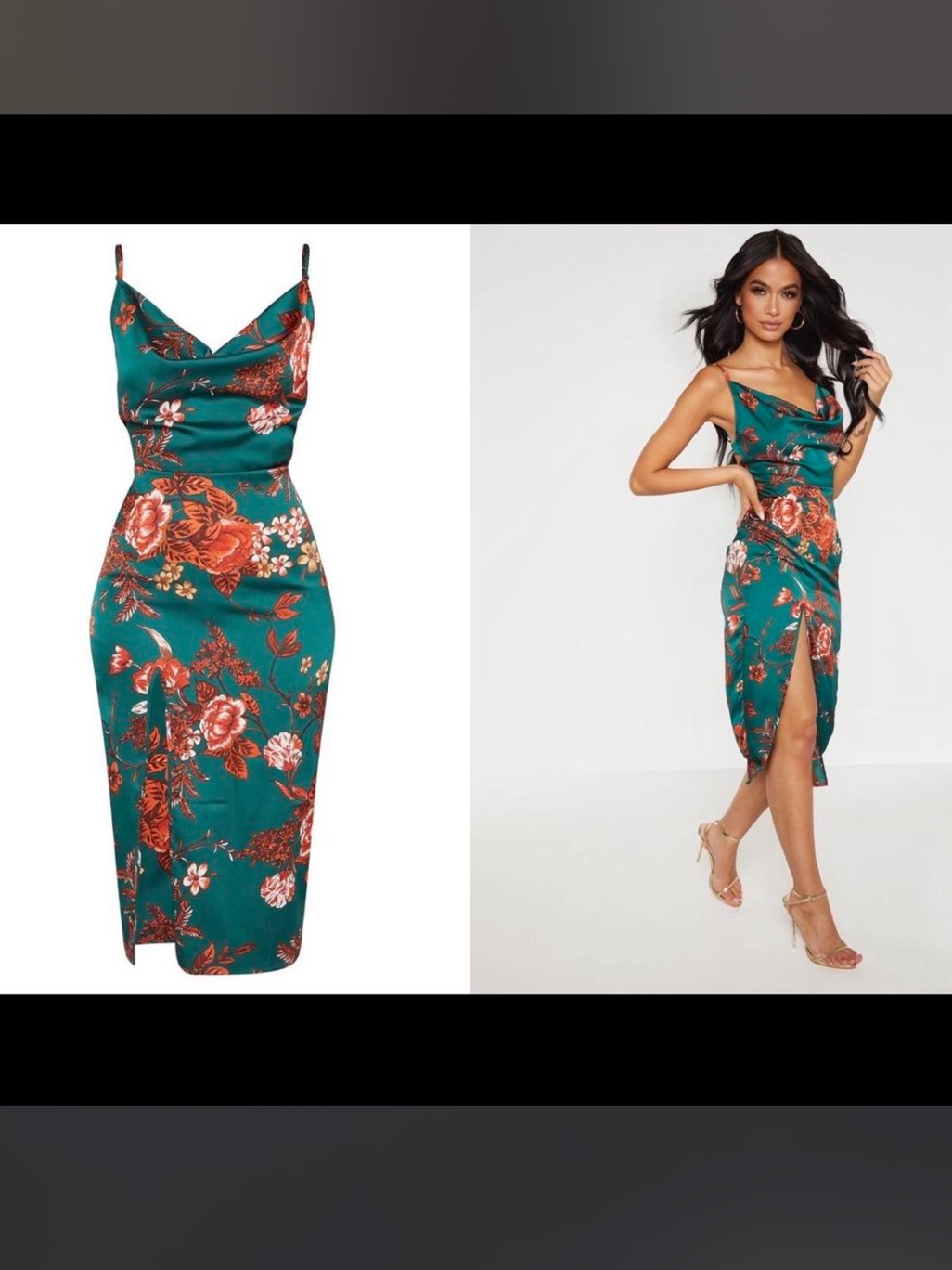 Prettylittlething Teal Floral Cowl Neck Midi Dress